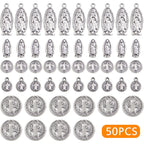 50pcs Antique Silver Mixed Jesus Virgin Mary Religious Benedict Medallion Spacer Beads and Pendant Charms for DIY Rosary Necklace Bracelet Jewelry Making, 5 Styles