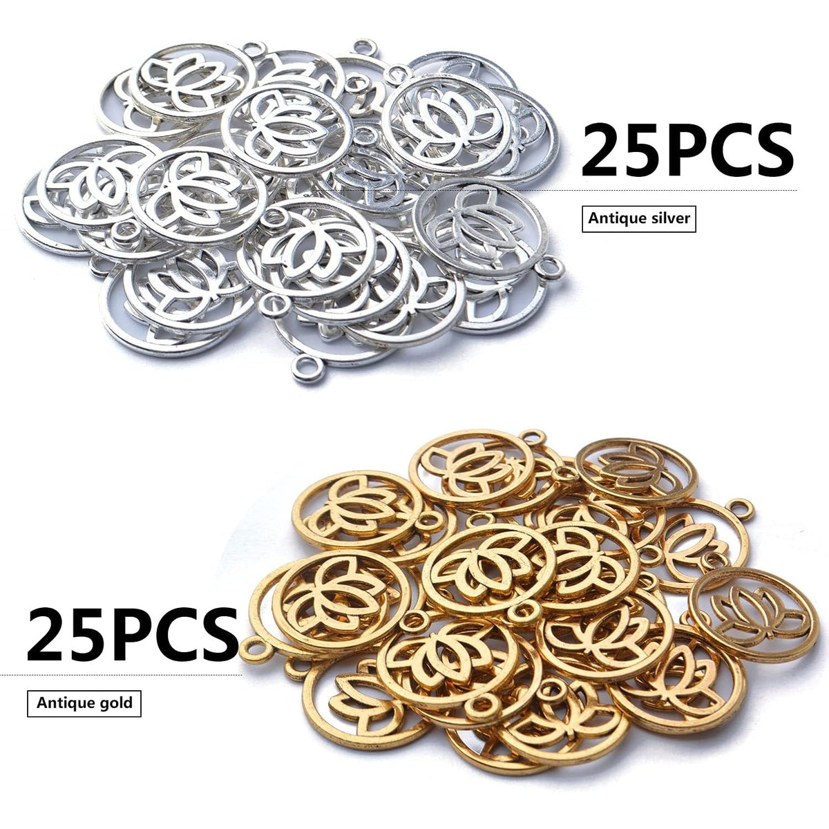 50pcs Lotus Flower Pendants Alloy Hollow Round Dangle Charms Lotus Bead Charm for DIY Jewelry Crafts Supplies Making Accessory