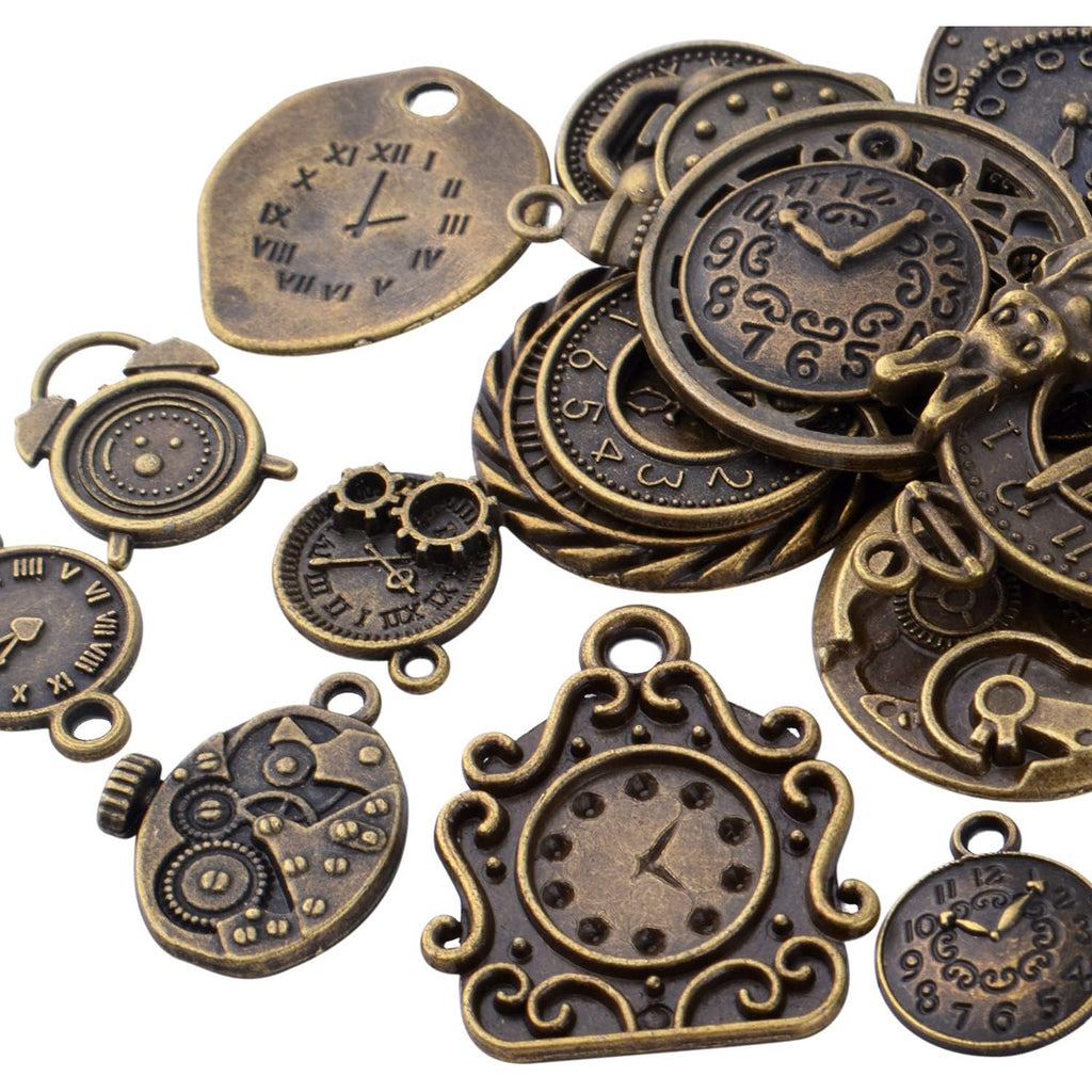 20pcs Antique Bronze Clock Face Charms Alloy Watch Steampunk Charm Pendants Connector Alice Clock Charms Craft Supplies for DIY Bracelet Necklace Jewelry Making Accessories