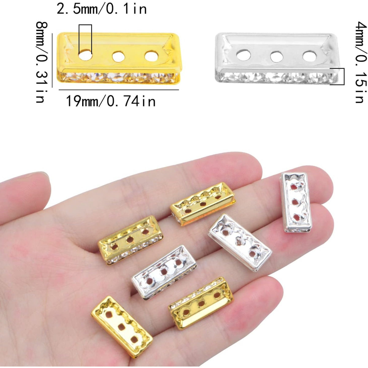 60pcs Brass Rhinestone Spacer Bar Beads Square 3 Holes Crystal Spacer Bar Link Connectors Craft Accessories for DIY Multi Strands Bracelet Jewelry Making, 2 Colors