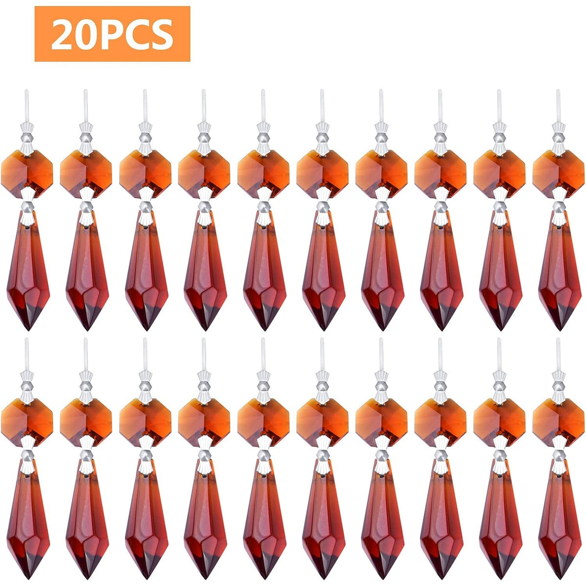 20pcs Crystal Icicle Prisms Chandelier Replacement Drop Pendants Octagon Crystal Glass Tip Beads for Wedding Christmas Curtain Lamp Decoration, Amber, 35 mm