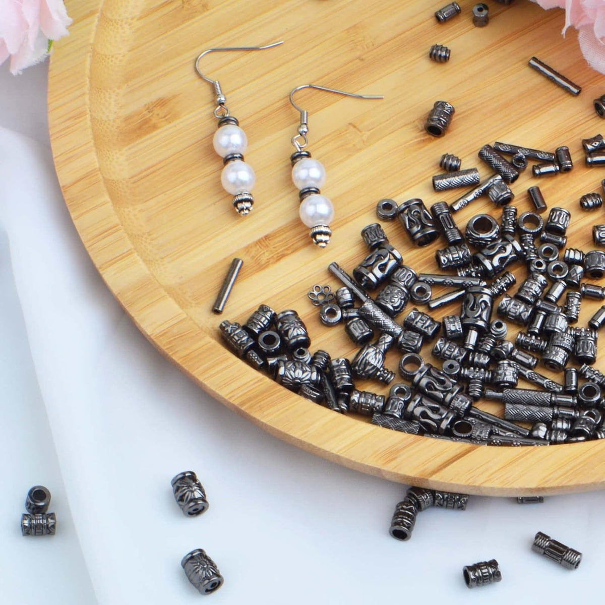 100 Gram Mixed Styles Column Spacer Beads Alloy Barrel Tube Bar Shape Loose Charm Beads Accessories for DIY Bracelet Jewelry Making Craft Decor, Gun Black