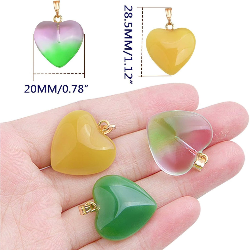 16pcs 8 Colors Heart Charms Transparent Spray Painted Heart Shape Glass Pendants with Golden Plated Metal Pinch Clasps for DIY Necklace Jewelry Making Valentine's Day Gift