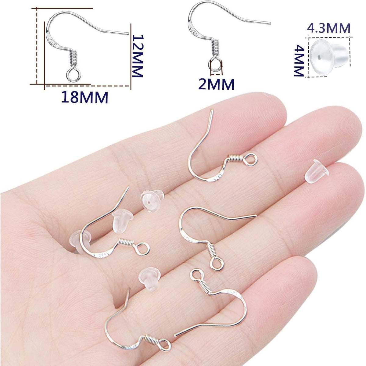 50pcs 925 Sterling Silver Earring Hooks Hypoallergenic Earwire Fish Hooks and 50pcs Silicone Clear Earring Safety Backs for DIY Earring Jewelry Making Supplies