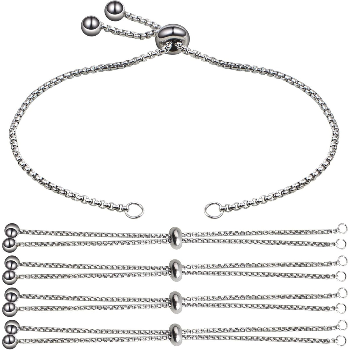 5 Pieces 116 mm Stainless Steel Adjustable Slider Bracelets Hypoallergenic Slider Bracelet Extender Chains with Ball Ends for Women Girls Semi Finished DIY Jewelry Making