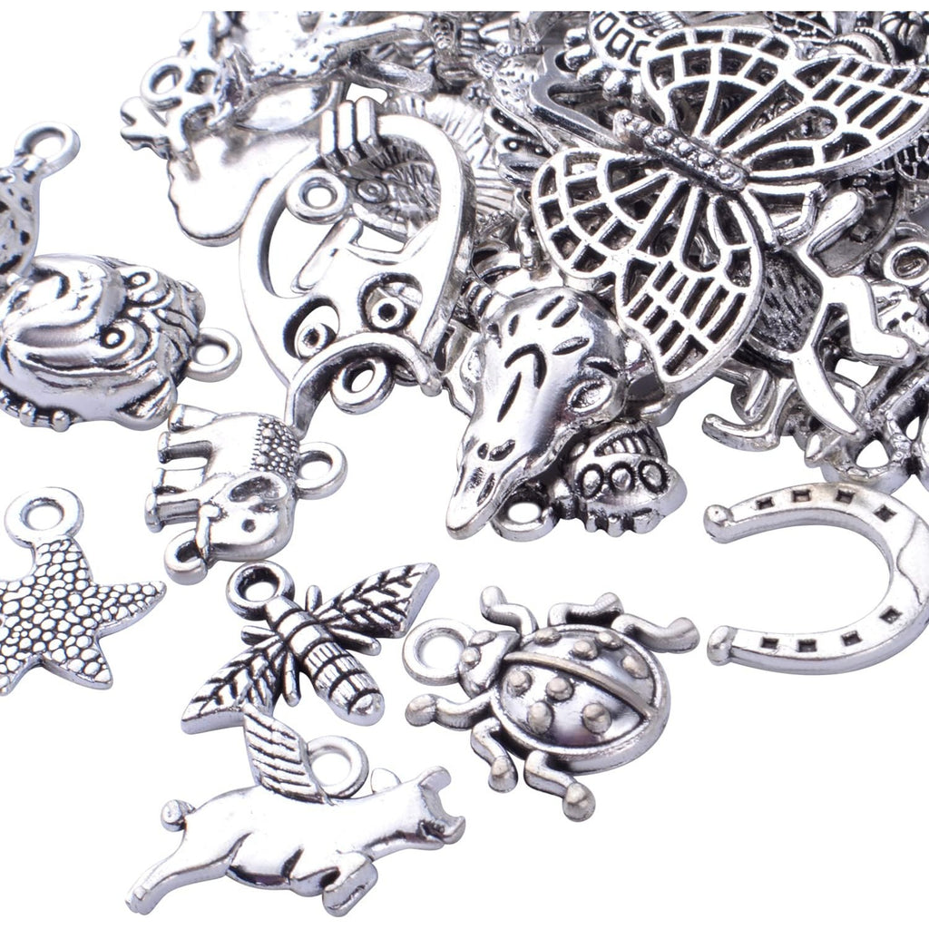 50pcs Antique Silver Animal Charms Alloy Dragon Monkey Fish Turtle Octopus Insect Charm Pendants Craft Supplies for Jewelry DIY Earrings Necklace Bracelet Making Accessories