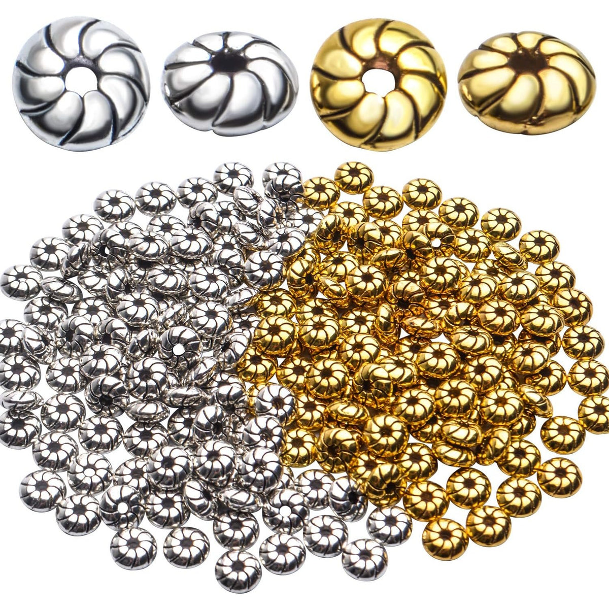 Flat Round Spacer Beads, 200pcs 6mm Tibetan Alloy Spacer Beads Flat Round Spacer Beads Jewelry Findings Accessories for Bracelet Necklace Jewelry Making, Antique Golden and Antique Silver