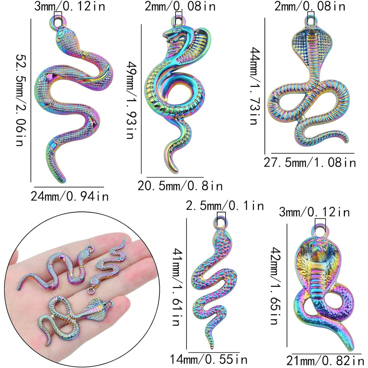 10 Pieces Rainbow Color Snake Pendant Charms Alloy Animal Snake Shape Dangle Pendants Bulk for DIY Necklace Bracelet Jewelry Making Supplies, 5 Styles