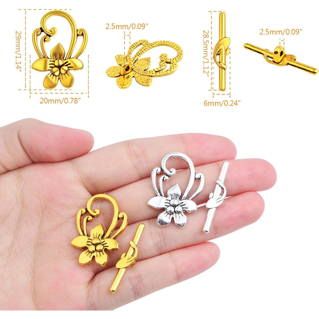 20 Sets Butterfly Bracelet Toggle Clasps T-Bar End Tibetan Closure Filled Fastener Hook Toggle Connectors for DIY Necklace Jewelry Craft Making, 2 Colors