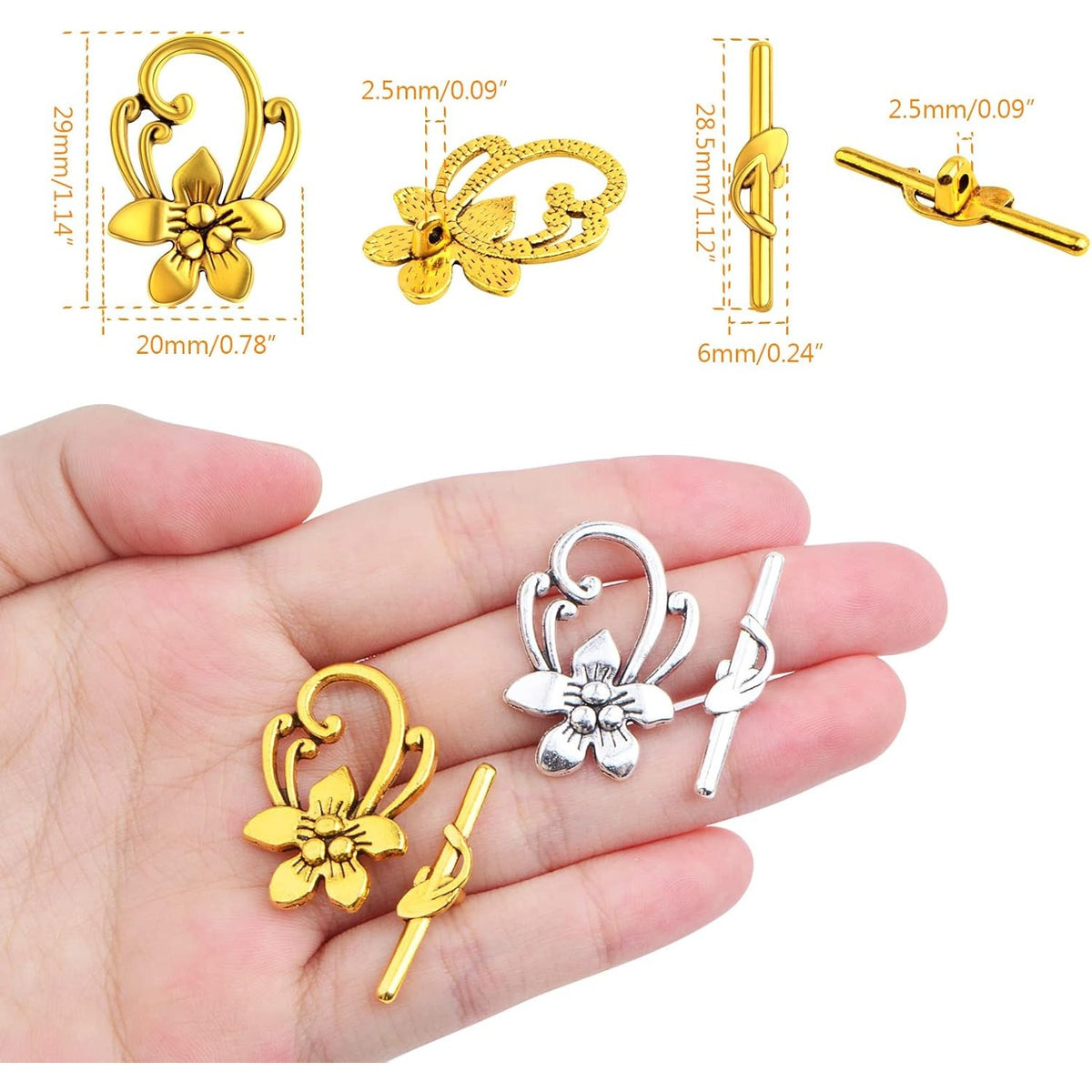 20 Sets Butterfly Bracelet Toggle Clasps T-Bar End Tibetan Closure Filled Fastener Hook Toggle Connectors for DIY Necklace Jewelry Craft Making, 2 Colors
