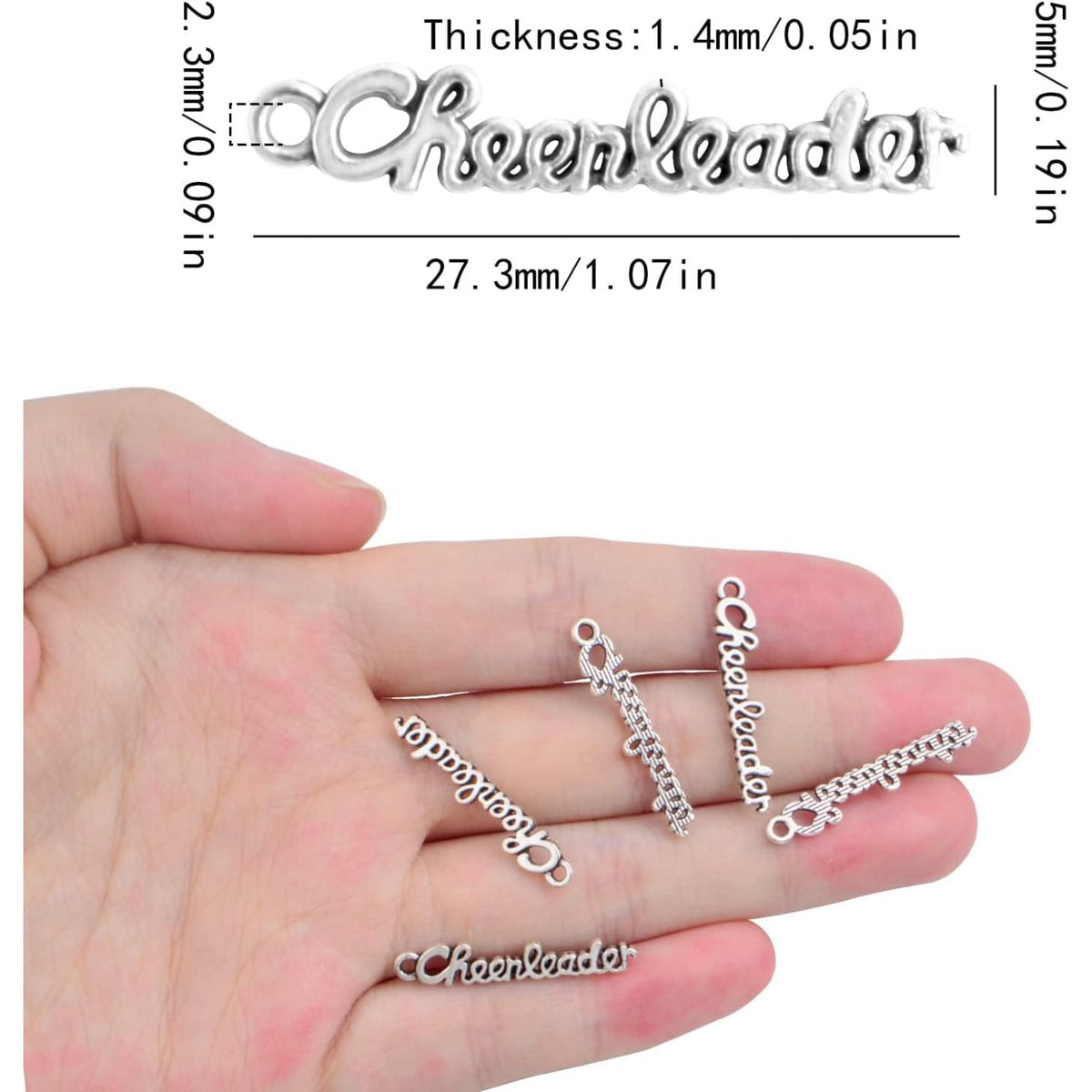 50pcs Antique Silver Letter Cheerleader Charms Alloy Sports Cheerleader Charm Pendants Craft Supplies for DIY Necklace Bracelet Jewelry Making Findings Gifts