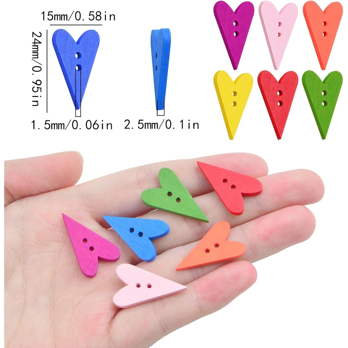 100pcs Wooden Love Heart Buttons with 2 Holes Heart Shape Wood Craft Buttons Decorative Accessories for DIY Clothes Sewing Scrapbooking