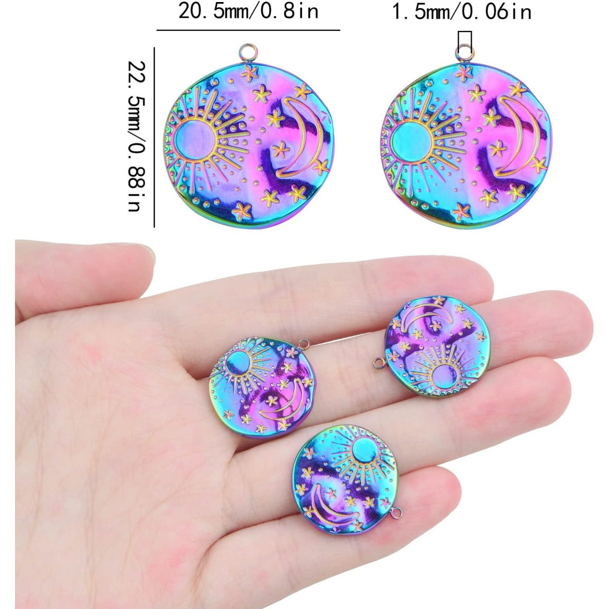 6pcs Stainless Steel Celestial Moon Star Charms Flat Round Sun Moon Star Pattern Dangle Pendants Jewelry Findings for DIY Bracelet Necklace Earrings Craft Decor, Rainbow Color
