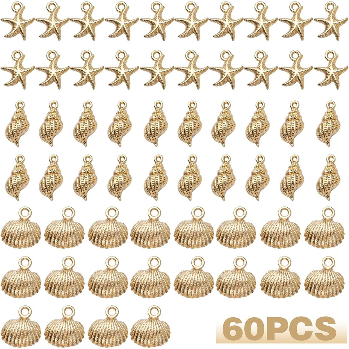 60pcs Gold Plated Shell Starfish Conch Charms Alloy Ocean Theme Pendants Sea Animals Dangle Charms for DIY Earrings Necklace Bracelet Crafts Jewelry Making Accessories