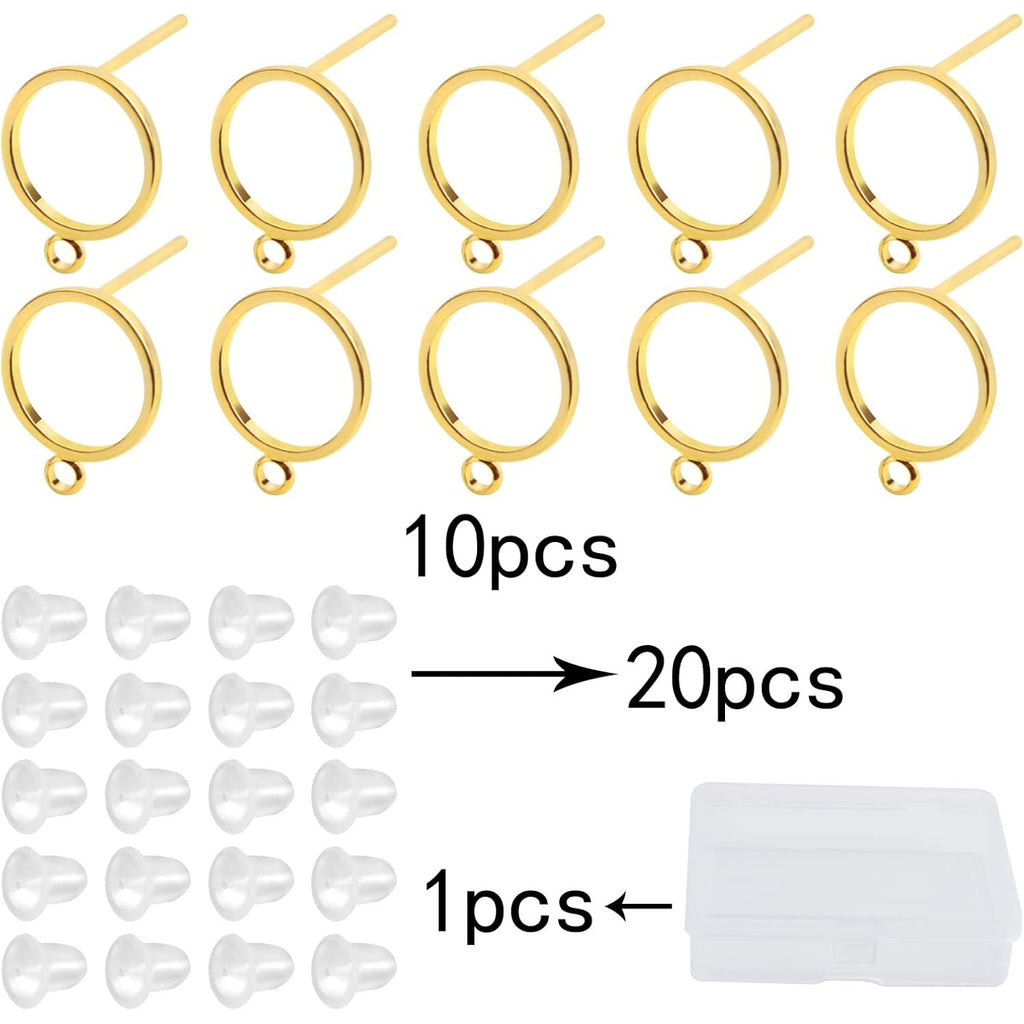 10pcs 10 mm Flat Round Earring Studs Brass Blank Earring Posts with Loop and 20pcs Clear Earring Safety Backs with a Box for DIY Earrings Jewelry Making Findings, Golden