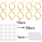 10pcs 10 mm Flat Round Earring Studs Brass Blank Earring Posts with Loop and 20pcs Clear Earring Safety Backs with a Box for DIY Earrings Jewelry Making Findings, Golden