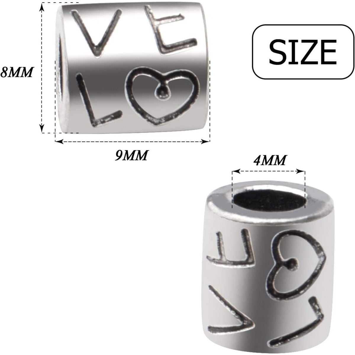50pcs Tibetan Antique Silver Large Hole Spacer Beads 'Love' Word Column Beads Tube Spacers for Bracelet Necklace Jewelry Crafts Making Supplies