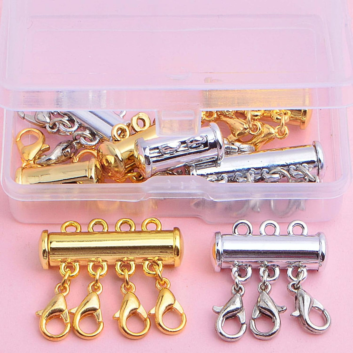 8pcs 3 Sizes Multiple Layered Necklace Clasp Connectors Multi Strands Slide Clasp Lock Tube Clasps with A Box for Necklace Bracelet Jewelry Craft Making, 2 Colors
