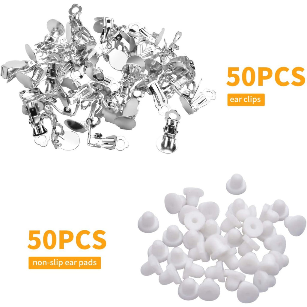 50pcs Round Flat Back Tray Earring Clips Non Pierced Earring Components and 50pcs Soft Cushion for DIY Earrings Jewelry Making,Silver