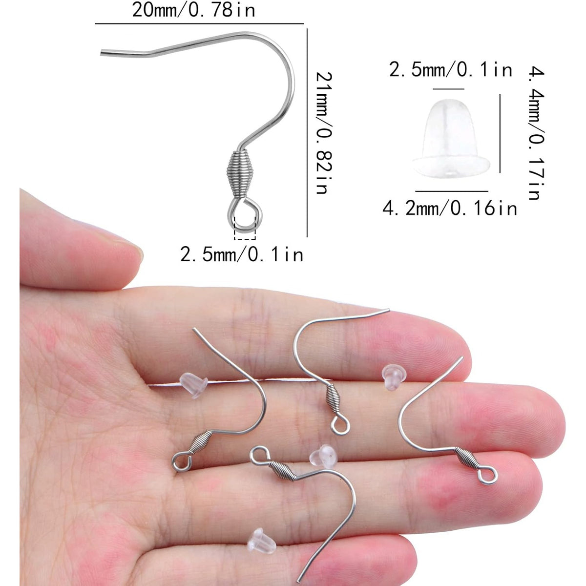 50pcs Stainless Steel French Earring Hooks Hypoallergenic Ear Wires Fish Hooks and 50pcs Clear Earring Backs Stoppers Kit for DIY Earrings Jewelry Making Findings