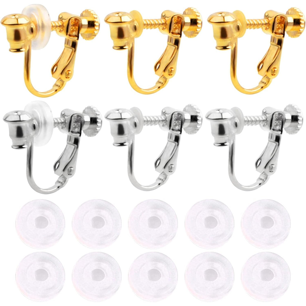 12pcs 2 Colors Screw Earring Clips Converters Brass U Shaped Adjustable Earring Components and 12pcs Clear Comfort Earring Cushions for Non-Pierced Ears DIY Jewelry Making