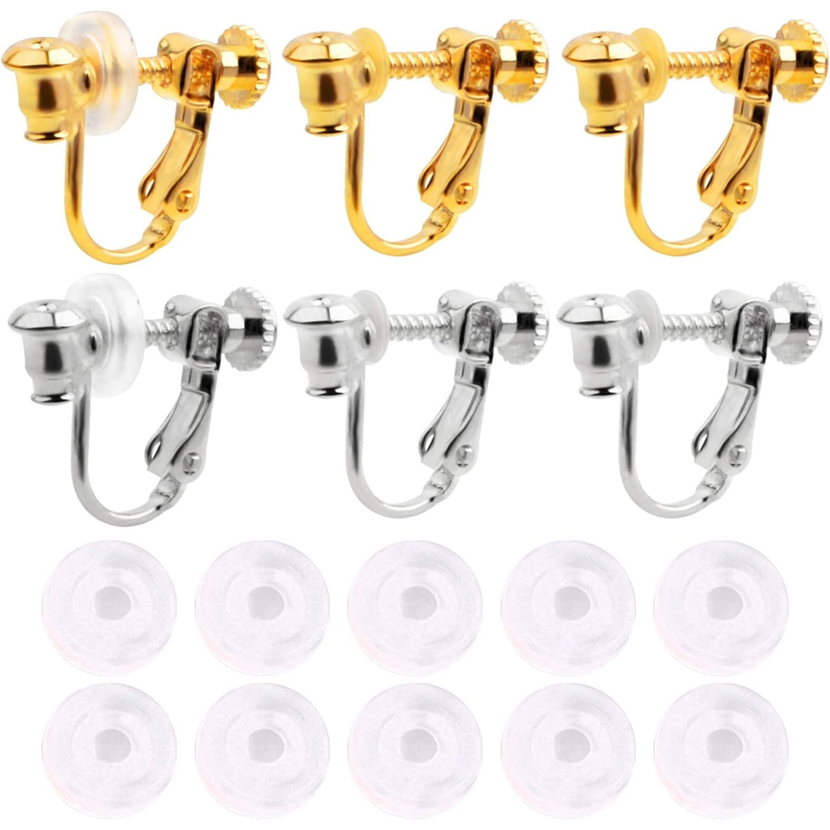 12pcs 2 Colors Screw Earring Clips Converters Brass U Shaped Adjustable Earring Components and 12pcs Clear Comfort Earring Cushions for Non-Pierced Ears DIY Jewelry Making