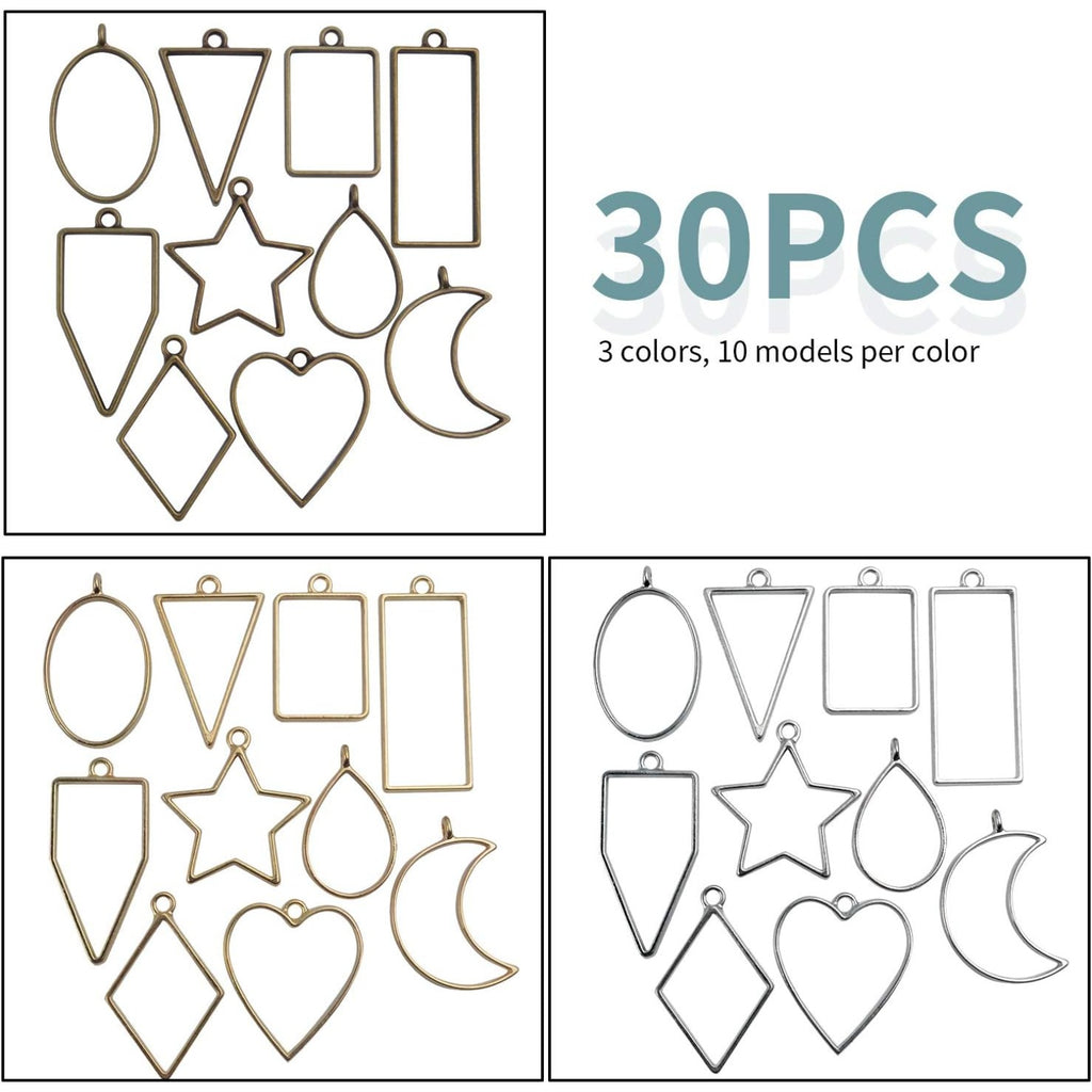 Open Back Bezel Pendants, 30 Pieces Mixed Geometric Hollow Pendants Bezel Charms for Resin Earrings Necklace Bracelet, 3 Colors