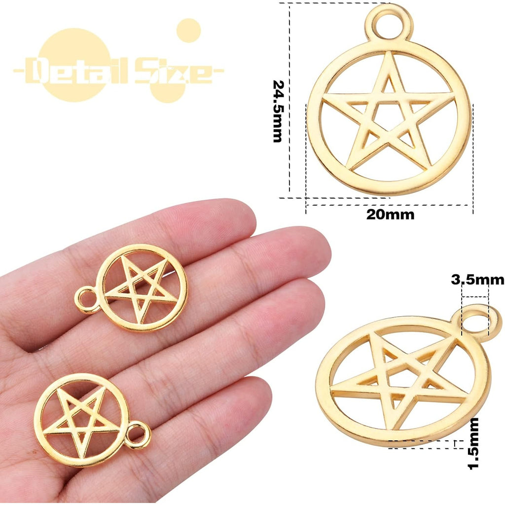 50pcs Pentacle Star Charms Alloy Round Vintage Pentagram Pendants Protection Lucky Pentagram Charms for DIY Bracelets Necklaces Craft Jewelry Making Accessory, Golden, 24.5 mm x 20 mm
