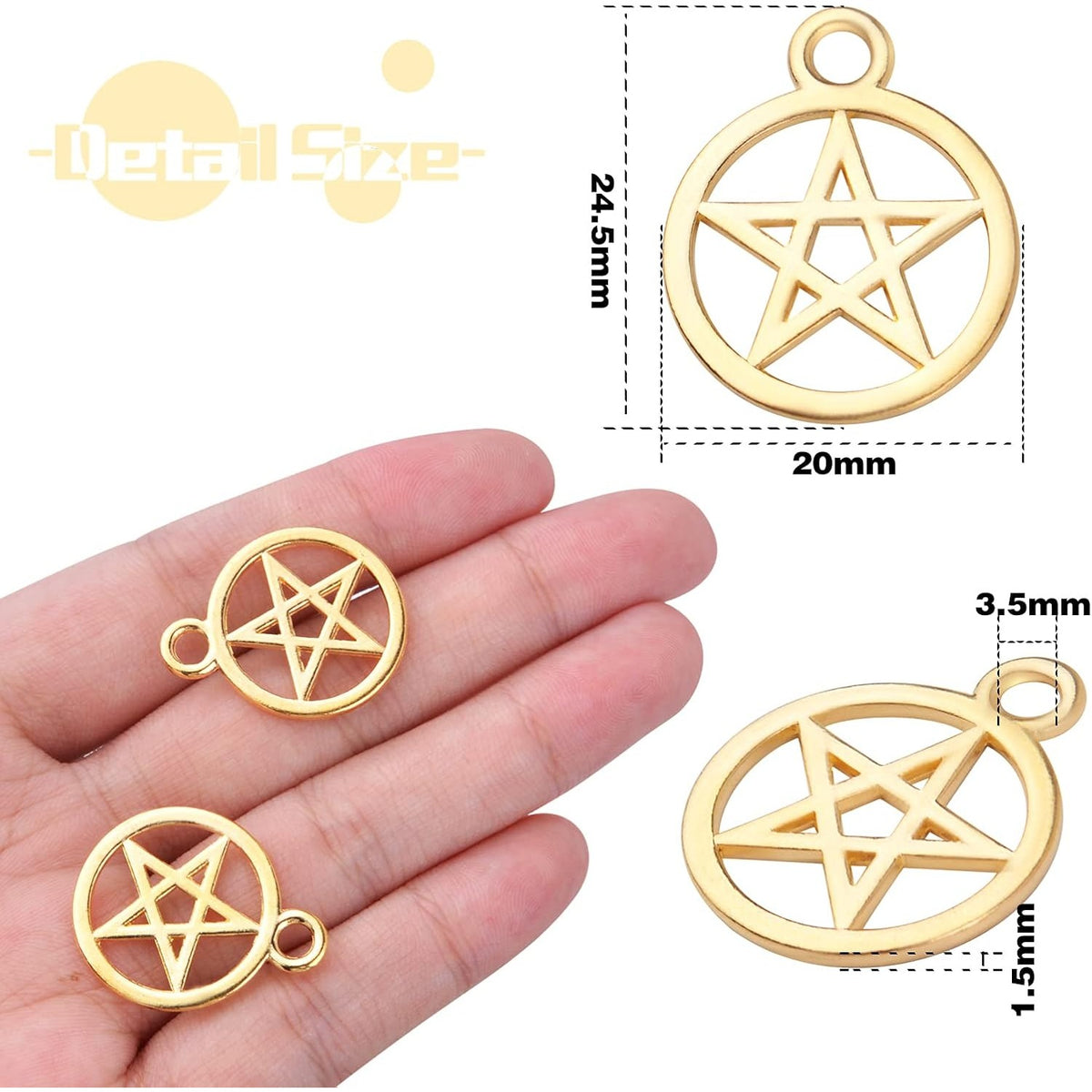 50pcs Pentacle Star Charms Alloy Round Vintage Pentagram Pendants Protection Lucky Pentagram Charms for DIY Bracelets Necklaces Craft Jewelry Making Accessory, Golden, 24.5 mm x 20 mm