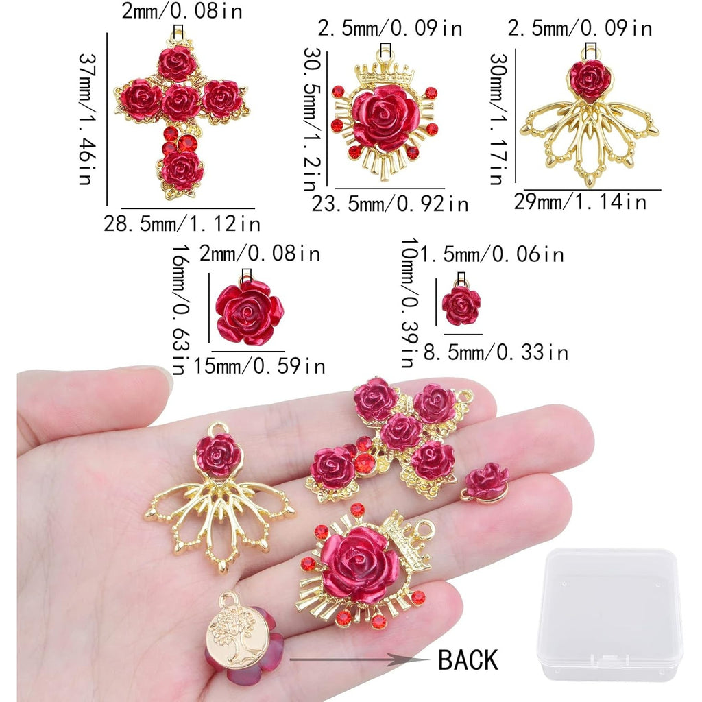 20pcs KC Golden Plated Alloy Lovely Roseflower Charms Resin Red Rose Flower Dangle Pendants with a Box for DIY Necklace Earrings Jewelry Making Valentine's Gifts, 5 Styles