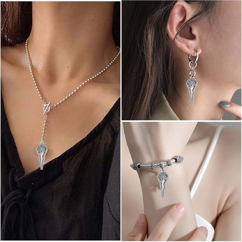 50pcs Antique Silver Skull Bird Head Charms Tibetan Style Alloy Raven Bird Skull Skeleton Pendant Charms for Halloween Witch Pagan DIY Jewelry Making