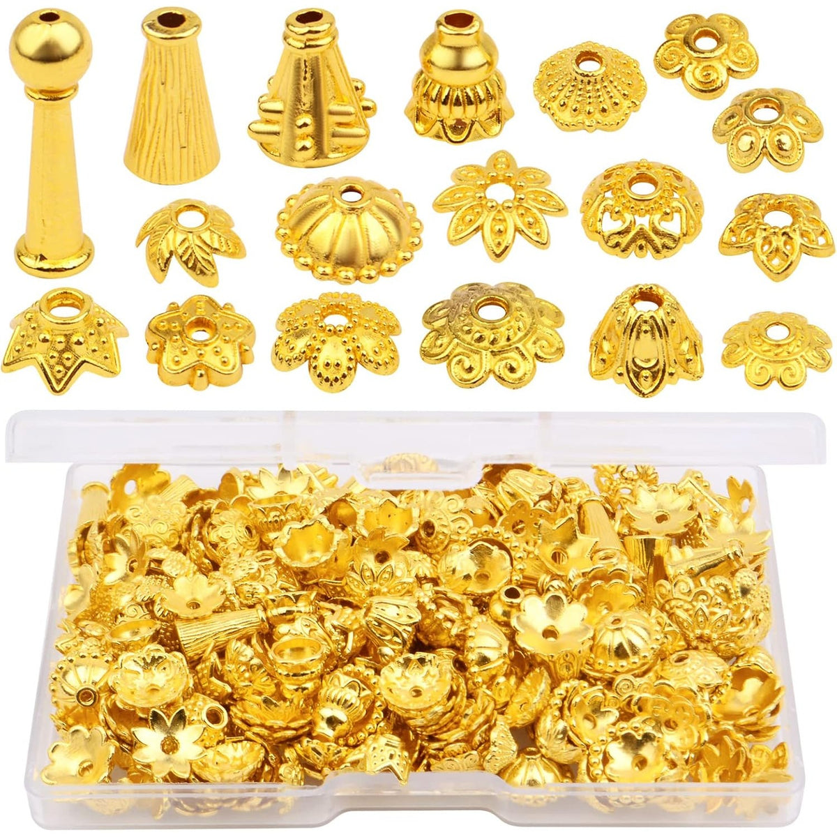 120g Bead Caps with A Clear Storage Box, Tibetan Gold Beads Spacers Jewelry Findings Accessories for Jewelry Making 300-350 Pieces