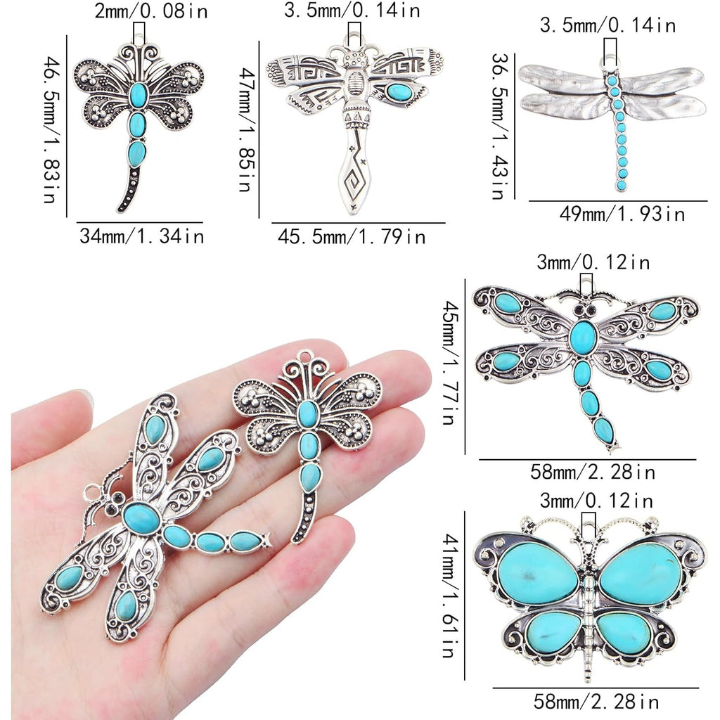 5pcs Turquoise Animal Dragonfly Butterfly Charms Vintage Alloy Mixed Flying Animal-shaped Dangle Pendants for DIY Necklaces Keychains Jewelry Making Crafting, 5 Styles