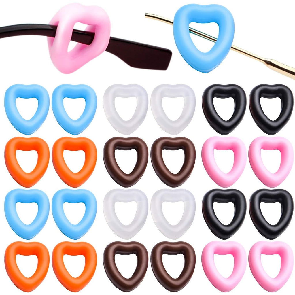 Anti-slip Glasses Grips,12 Pairs Silicone Eyeglasses Temple Tips Heart Ear Hook Holder Eyeglass Retainers Blue Black Pink Orange Brown White for Spectacle Sunglass Reading-glasses