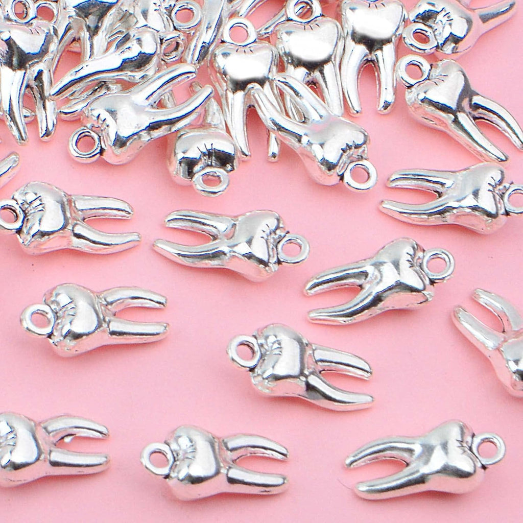 50 Pieces Antique Silver Tooth Pendant Charms Alloy Heathy Teeth Dangle Charms Hanging Ornaments Links for DIY Necklace Bracelet Jewelry Making Supplies