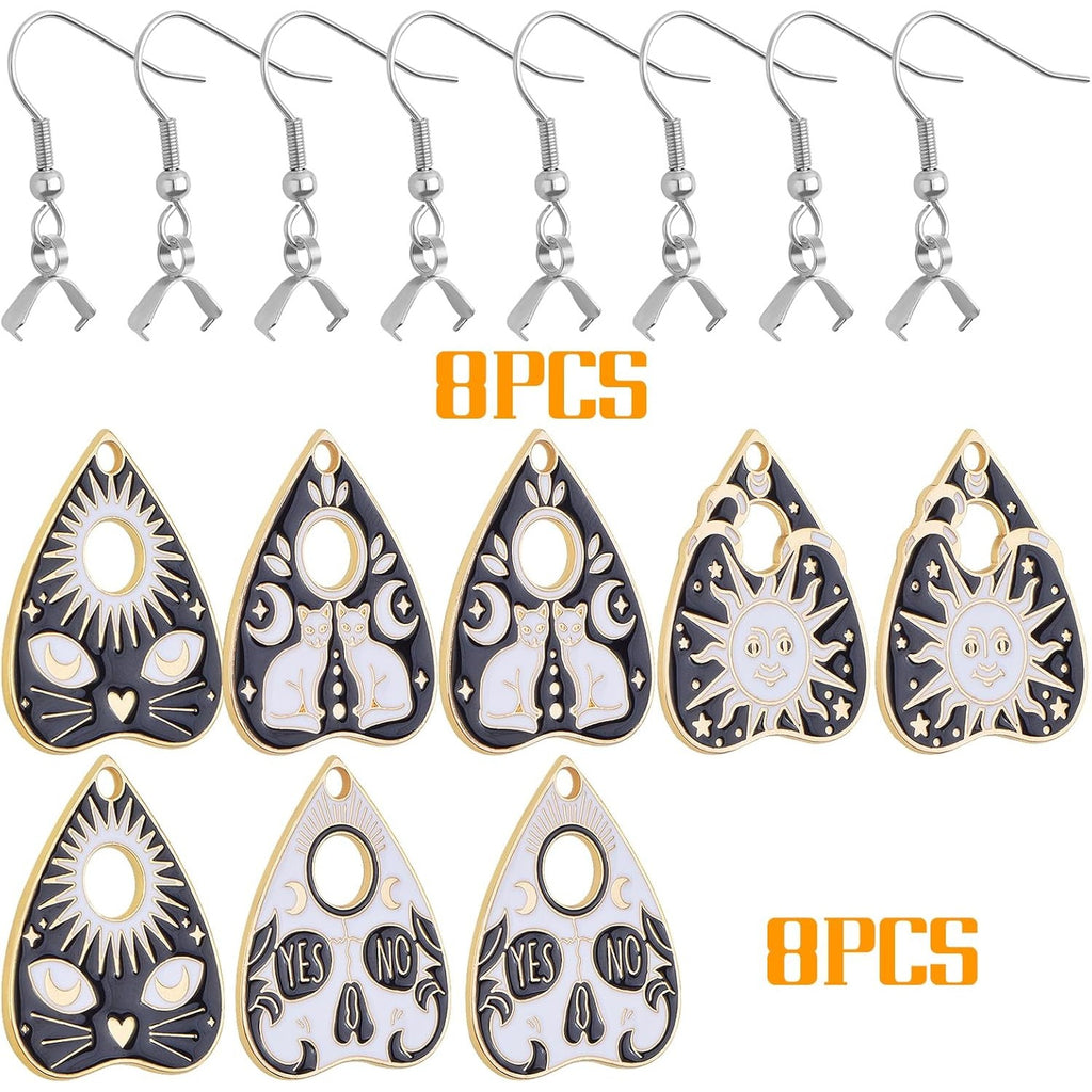 4 Styles Alloy Love Heart Gothic Style Cat Charms Black White Enamel Cute Heart Kitty Sun Eye Pendants and 8pcs Silver Earring Hooks with Pendant Clasps for DIY Earrings Jewelry Making