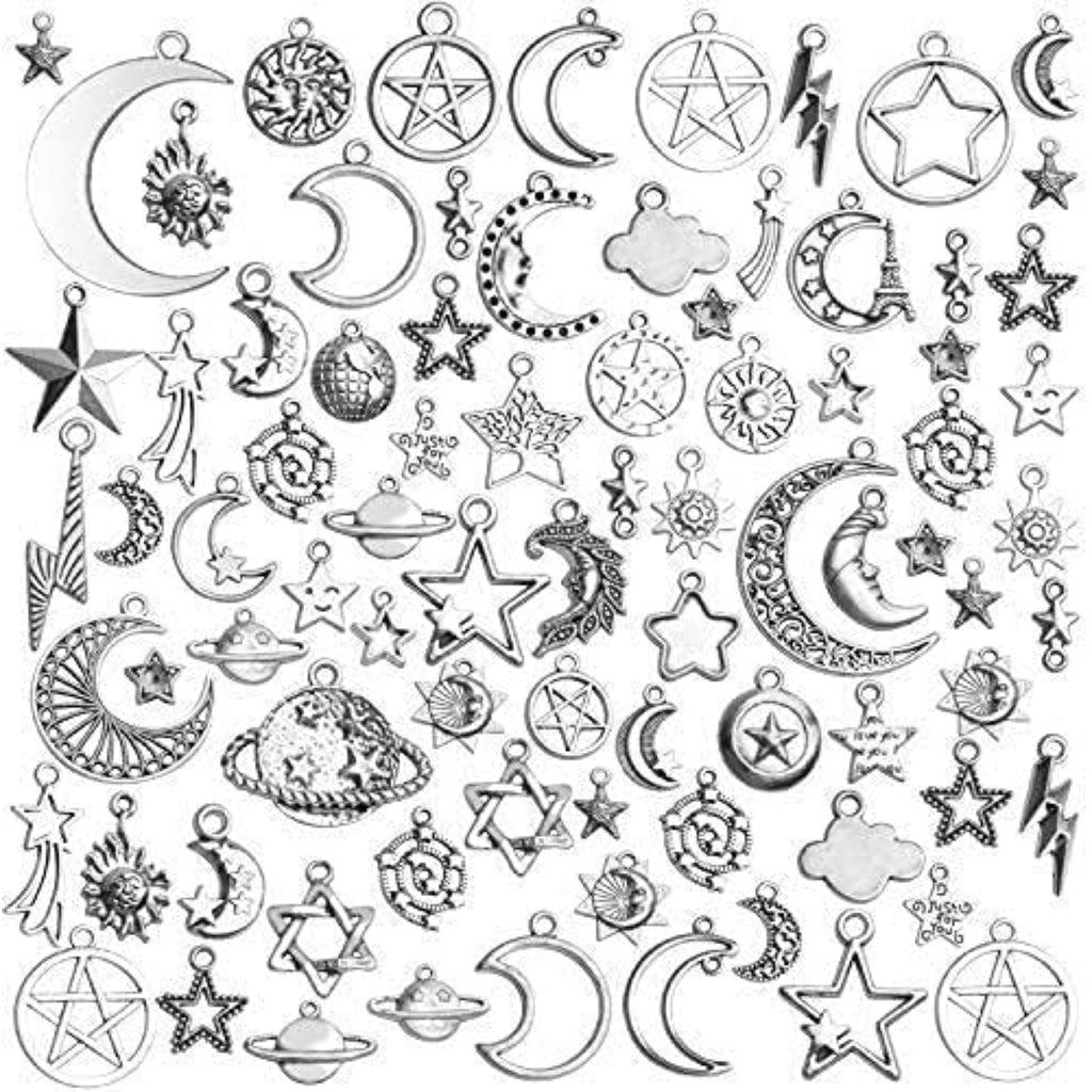 Celestial Pendant Charms, 100 Gram(65-85pcs) Mixed Sun Moon Star Charms Pendants Craft Supplies for Earrings Bracelets Necklaces Crafts Jewelry Making, 5-50mm