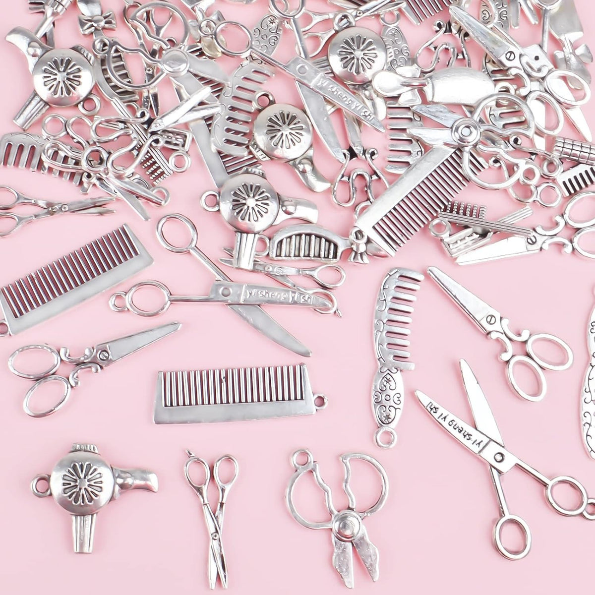 60pcs 10 Styles Hairdresser Charms Collection Hair Stylist Charms Pendant Scissor Comb Hairdressing Tools for DIY Necklace Bracelet Jewelry Making