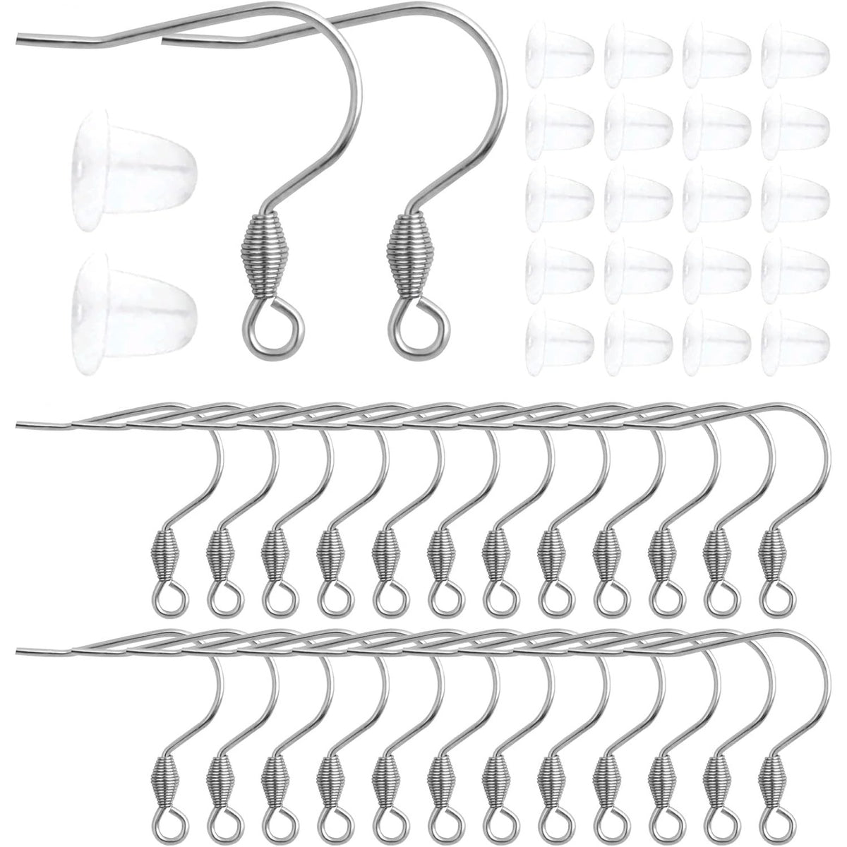 50pcs Stainless Steel French Earring Hooks Hypoallergenic Ear Wires Fish Hooks and 50pcs Clear Earring Backs Stoppers Kit for DIY Earrings Jewelry Making Findings