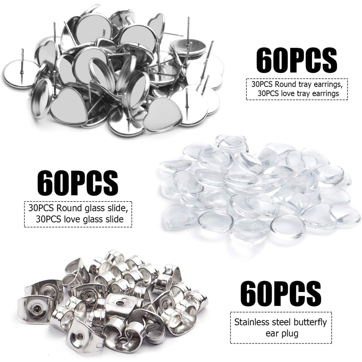 60pcs Stainless Steel Earring Bezels Stud Earring Cabochon Post Cups with 60pcs Clear Glass Cabochon and 60pcs Butterfly Earring Backs