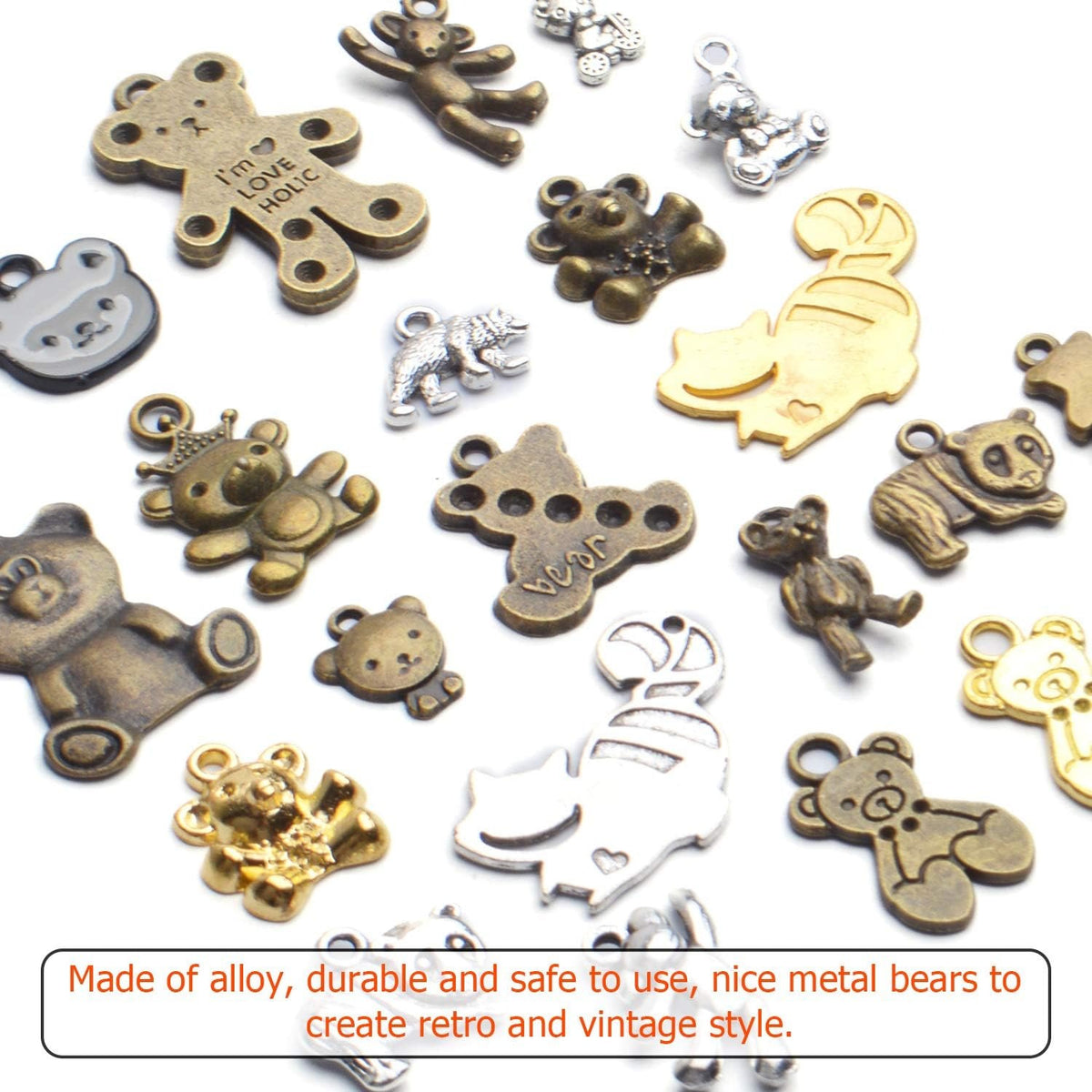 Bear Pendant Charms, 100g(About30-60pcs) Mixed Smooth Metal Alloy Bear Pendant Charms Lovely Teddy Bear Charm Necklace Bracelet Accessory for DIY Fashion Jewelry Making