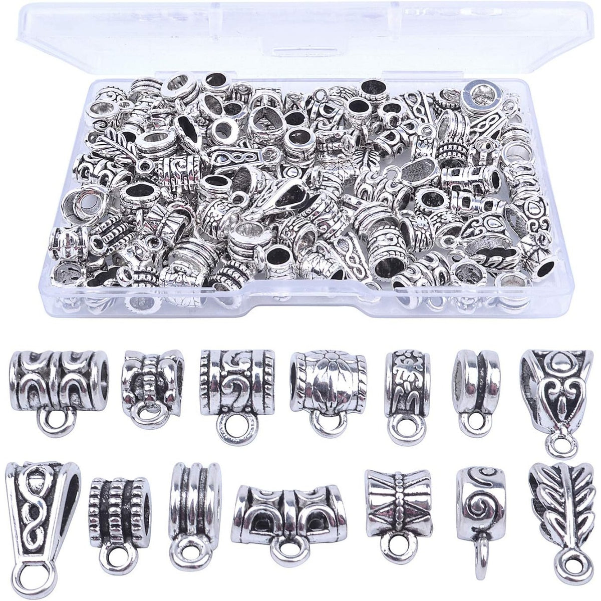 100g Bails Beads,14 Styles Tibetan Silver Bail Tube Beads Spacer Beads Bead Hanger for Jewelry Making Bracelet Necklace 120-126 Pieces
