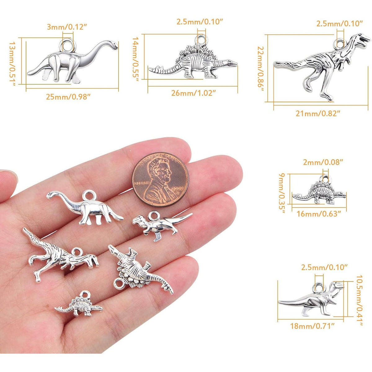 50pcs Antique Silver Mixed Dinosaur Charms Tibetan Alloy Animal Dinosaur Shape Dangle Pendants Bulk Lot for DIY Necklace Bracelet Jewelry Making Supplies, 5 Styles