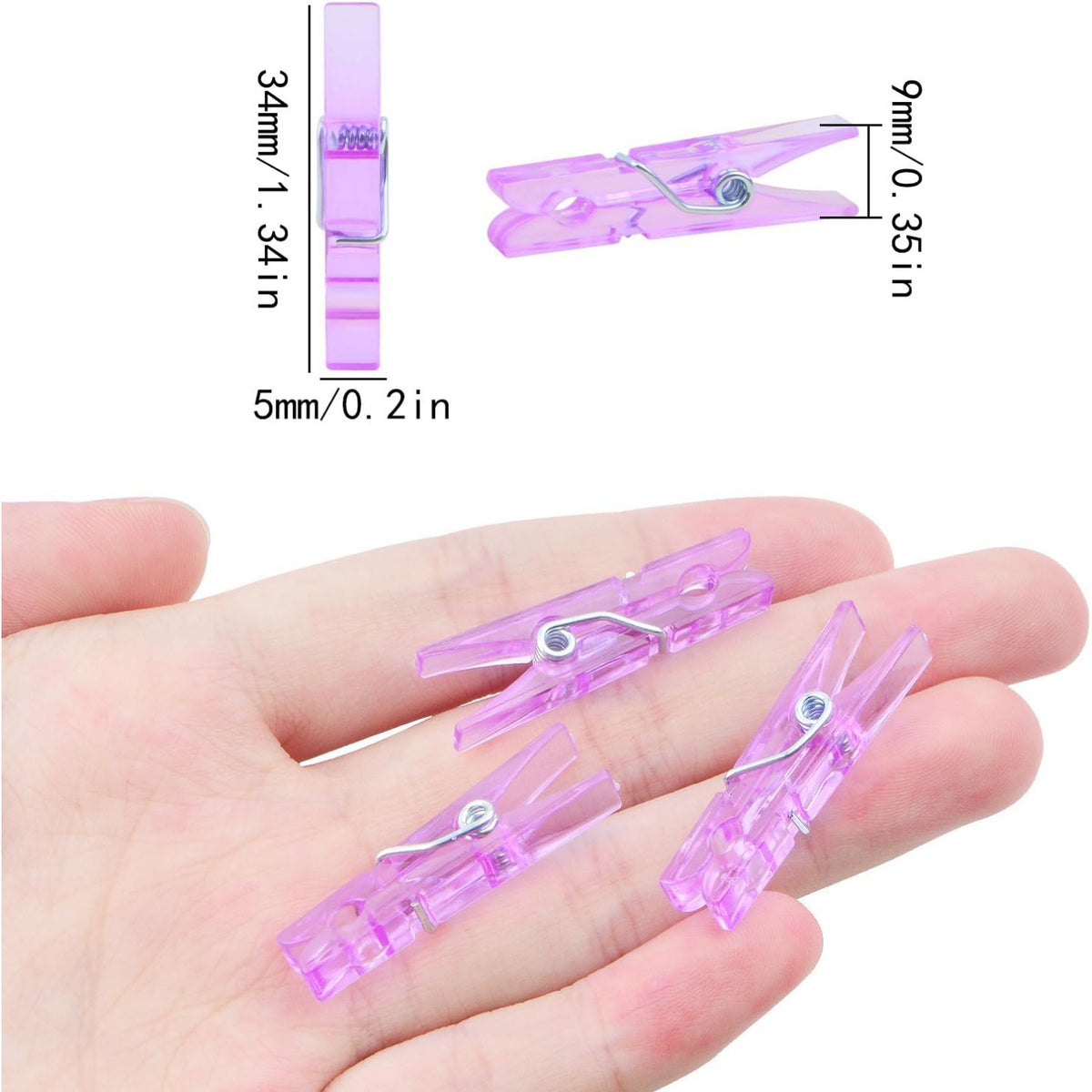 100 Pieces Clear Plastic Clothespins Mini Transparent Craft Clips Pictures Paper Peg Pins for Hanging Photos String Fairy Lights Wedding Party Decor, Purple