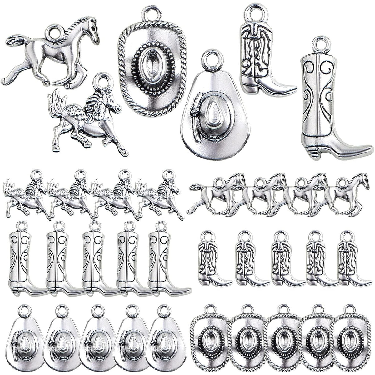 60pcs Antique Silver Western Cowboy Pendant Charms Alloy Mixed Western Horse Boot Hat Dangle Pendants for DIY Bracelet Necklace Jewelry Making Father's Day Gift, 6 Styles