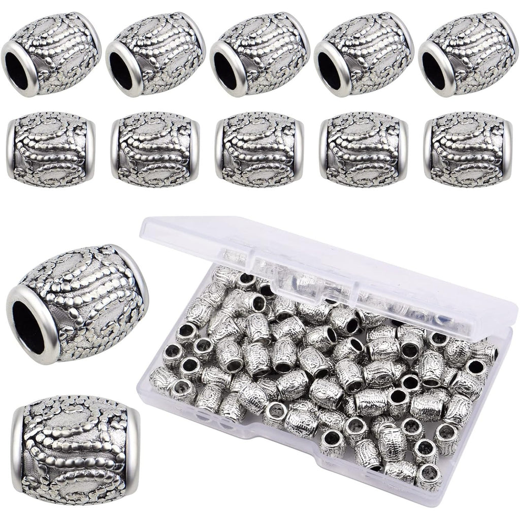 100pcs Antique Silver Oval Spacer Beads Alloy European Large Hole Loose Beads with A Plastic Box for DIY Bracelet Jewelry Making Handmade Decor, Hole: 4.3 mm