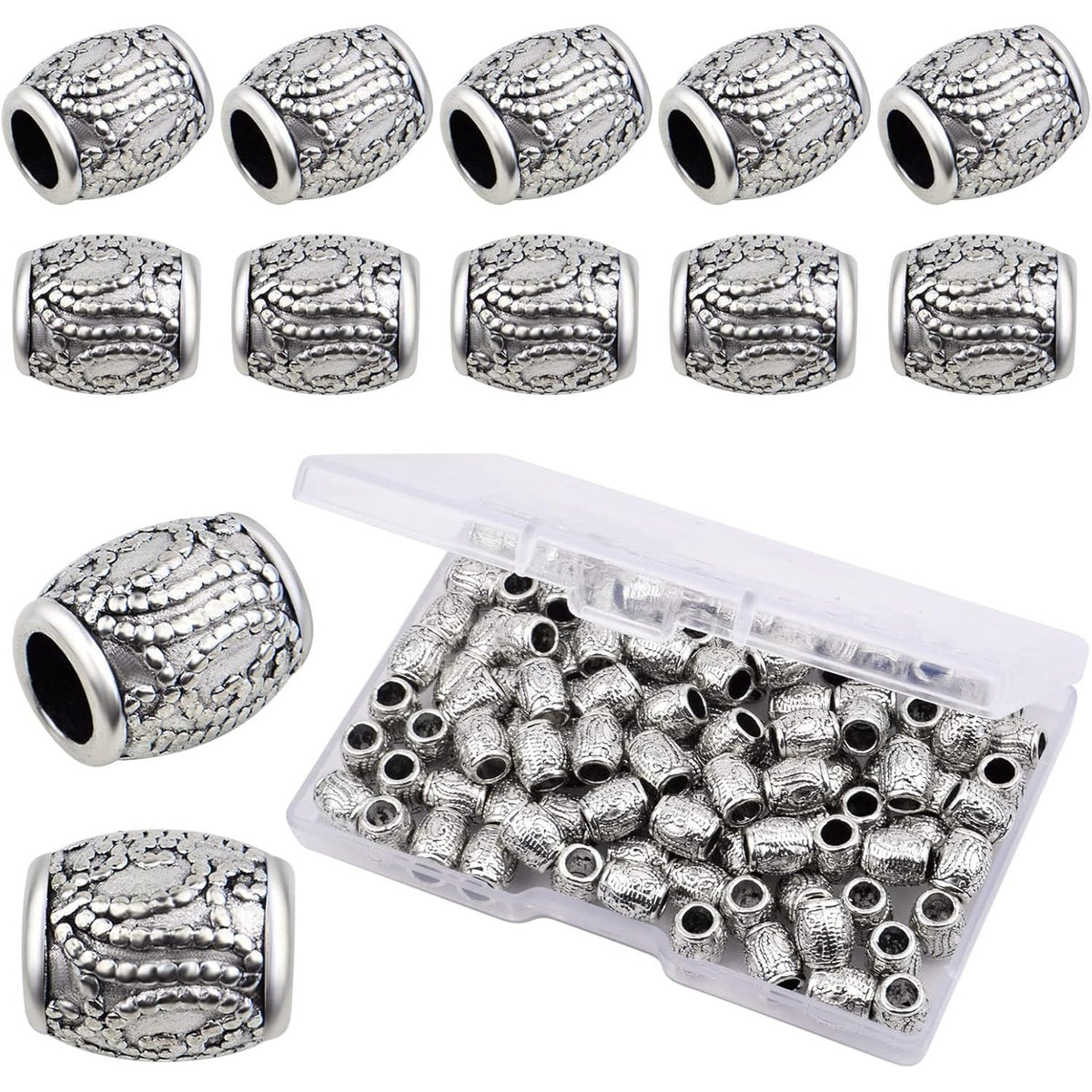 100pcs Antique Silver Oval Spacer Beads Alloy European Large Hole Loose Beads with A Plastic Box for DIY Bracelet Jewelry Making Handmade Decor, Hole: 4.3 mm