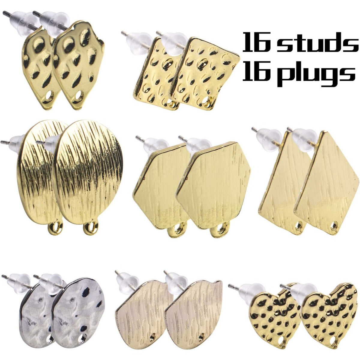 Blank Earring Set, 16pcs 8 Styles Metal Alloy Stud Earrings Post Blank Base with Loop Irregular Shapes Earring Pins with 16pcs Bullet Earring Backs for DIY Earring Jewelry Making, Golden