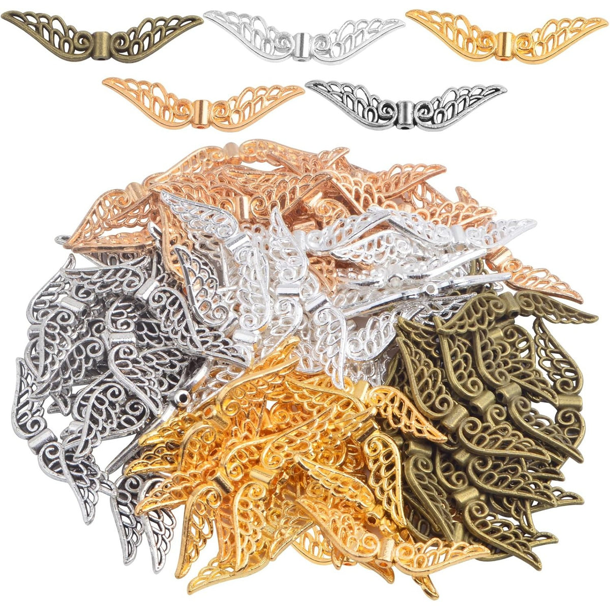 100pcs 5 Colors Filigree Angel Wing Spacer Beads Tibetan Alloy Fairy Wing Spacer Beads Loose Charm Beads Accessories for DIY Bracelet Necklace Jewelry Making Handmade Decor
