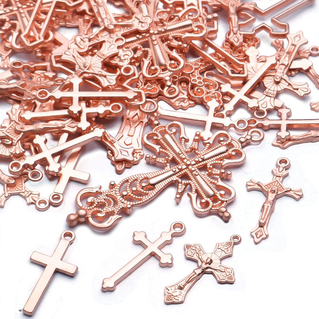 100g Craft Supplies Alloy Rose Gold Jesus Christ Cross Charms Rosary Center Charm Crosses Charms Pendants for Necklace DIY Jewelry Making, Mixed Styles